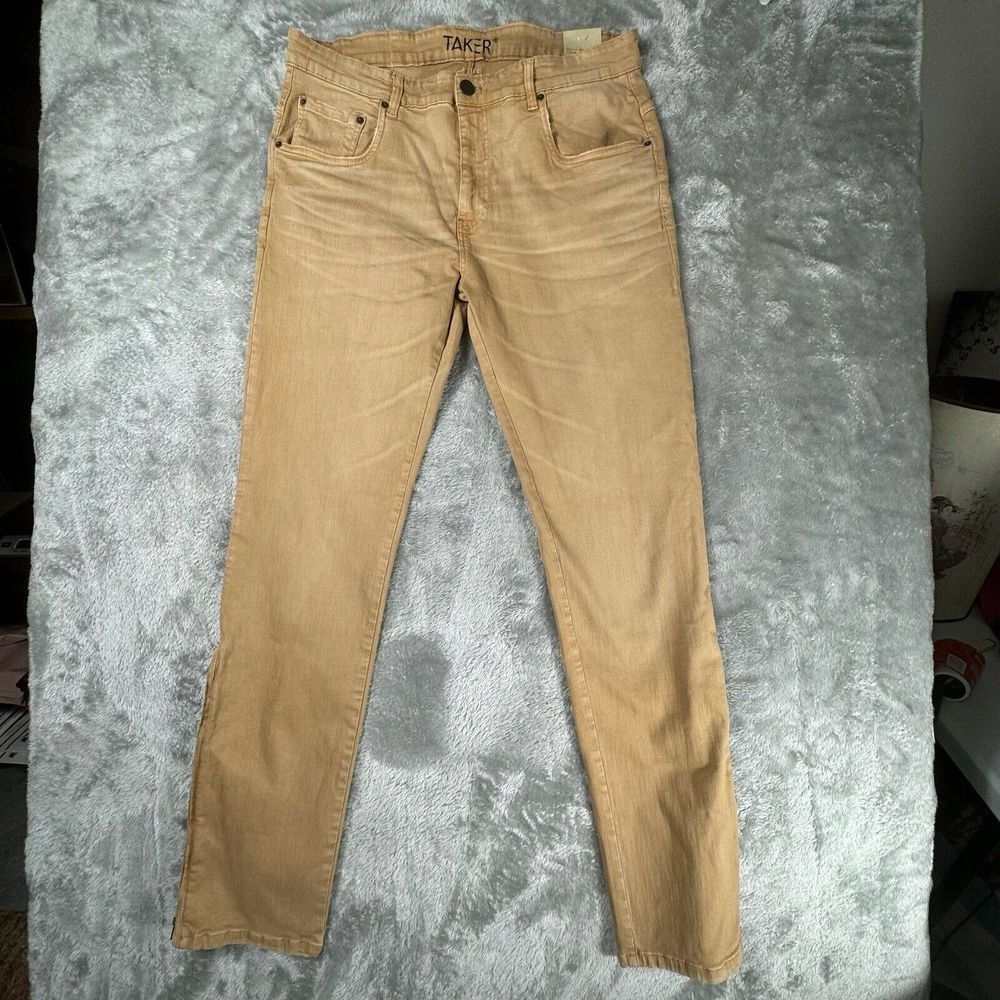 TAKER ‎ Stacked Denim Jeans Mens 40x36 Tan Beige Skinny Fit Zip Leg